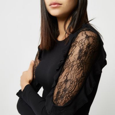 Black lace frill sleeve top